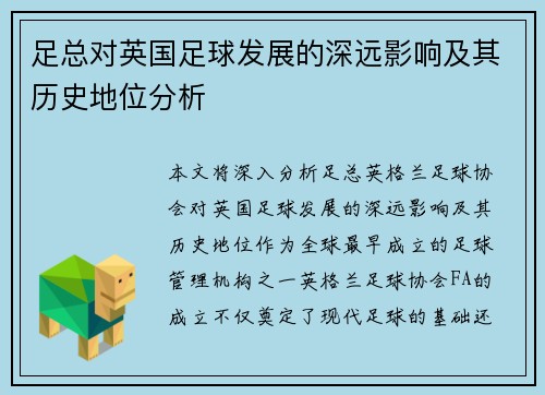 足总对英国足球发展的深远影响及其历史地位分析